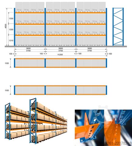 Pallet rack 2 x 11,2 m Palettenregale, 4,5 m hoch 3 Trav.-Eb. (3600) 3t, McPalettenregal