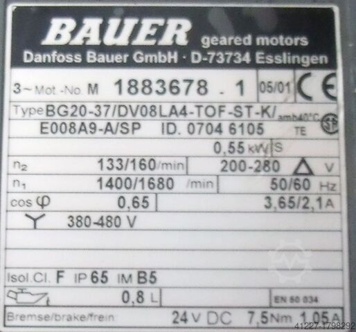 Geared motor 0.55 kW 133 rpm BAUER BG20-37