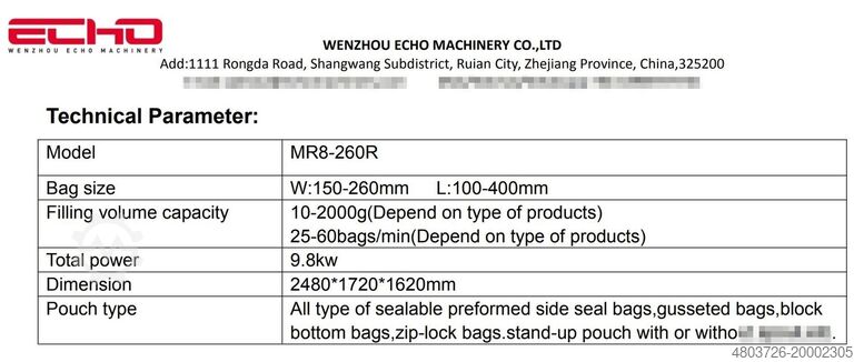 Automatic rotary packaging machine WENZHOU ECHO MACHINERY CO.,LTD MR8-260RF ROTRAY FILL-SEAL PACKAGINGMACH