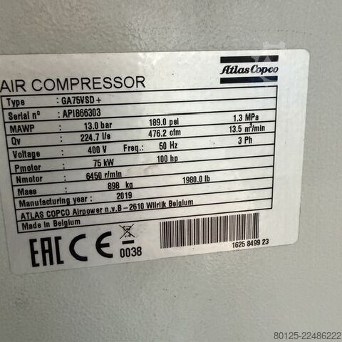 Piston compressor atlas copco GA 75 VSD +