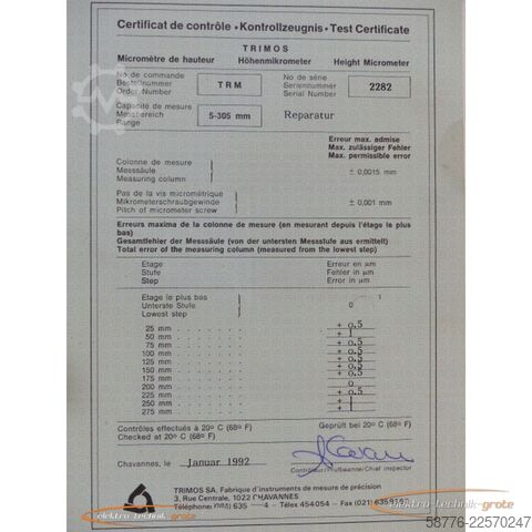 Komponente Trimos T R M Höhenmikrometer Messbereich 5-305 mm