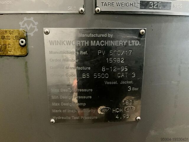 Stainless Steel Jacketed Storage & Tank Winkworth S/S Jacketed Tank PV500