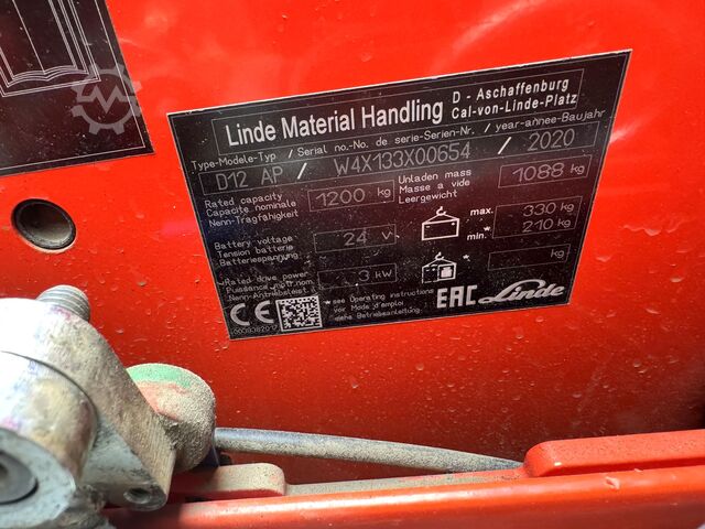 2020, safety inspection valid until 09/2027, 607 operating hours Linde D12AP