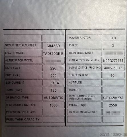 Generator set Volvo TAD840GE - 220 kVA Generator - DPX-18875