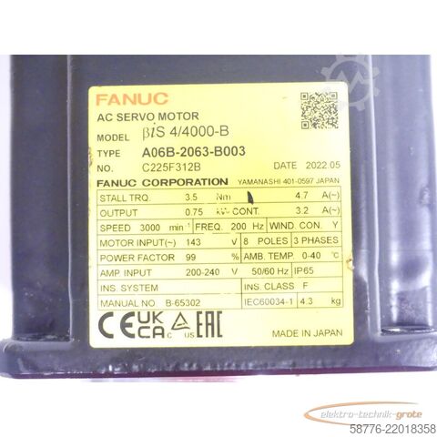 Control unit Fanuc A06B-2063-B003 Servo Motor SN C225F312B ohne Pulsecoder