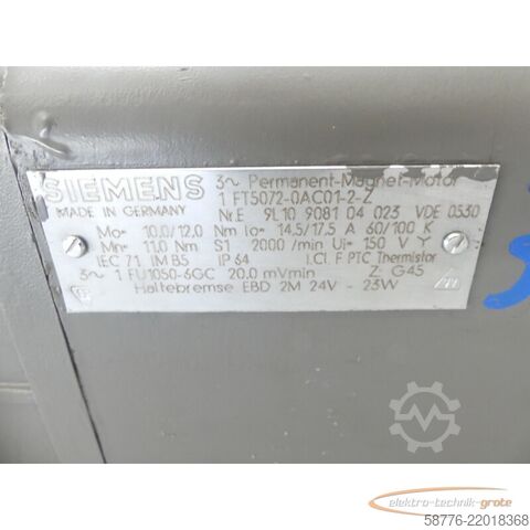 Control unit Siemens 1FT5072-0AC01-2-Z Permanent-Magnet-Motor SN: E9L10908104023