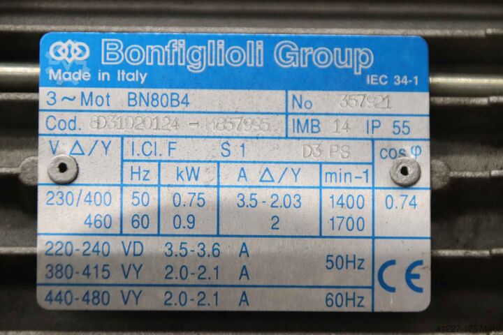 Gear motor 0.75 kW 46 rpm Bonfiglioli ILAPAK W63 U P80B14 Astra-STD