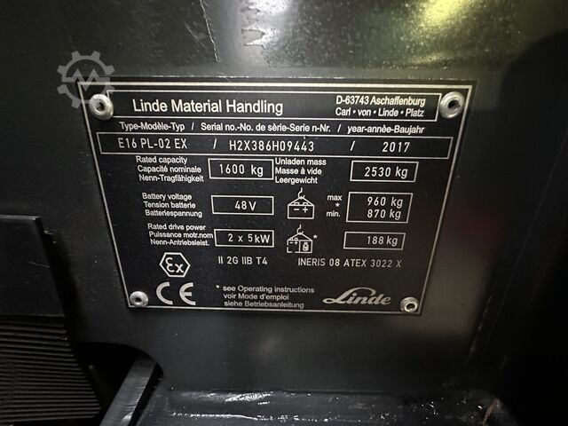 E 16 PL - 386 / 02 Evo * Atex EX * Proplan 2G / Z1 * NEW battery !! LINDE E 16 PL - 386 / 02 Evo * Atex EX * Proplan 2G / Z1 * NEW battery !!