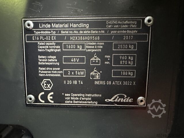 E 16 PL - 386 / 02 Evo * Atex EX * Proplan 2G / Z1 * NEW battery !! LINDE E 16 PL - 386 / 02 Evo * Atex EX * Proplan 2G / Z1 * NEW battery !!