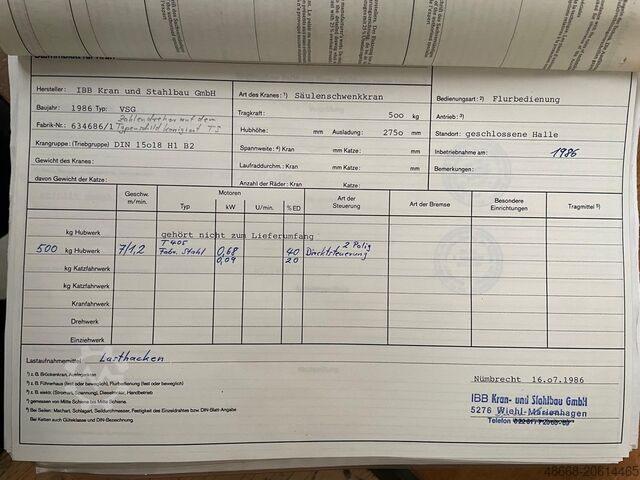 Pillar slewing crane with articulated jib and chain hoist IBB Stahl T405 L 500 Kg