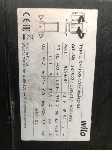Water supply system, Wilo pump Wilo Helix VE 1605