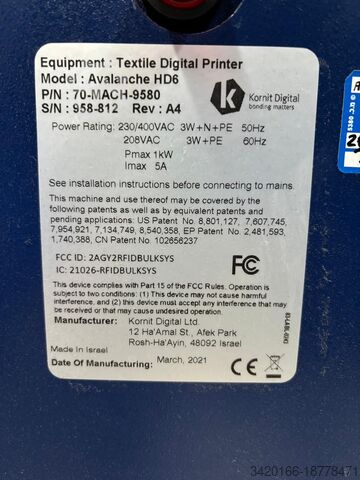 Digital printing machine Kornit Avalanche HD6