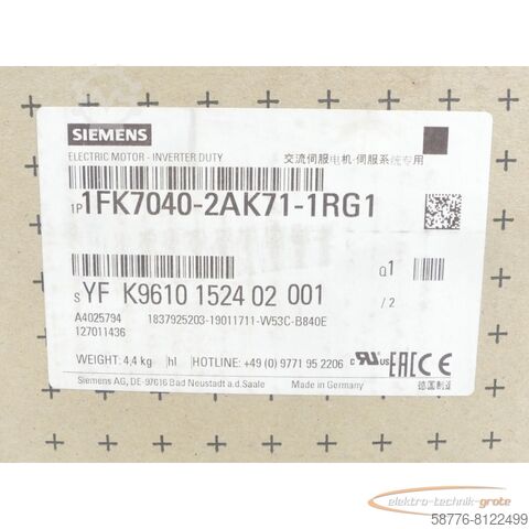 Siemens motor Siemens 1FK7040-2AK71-1RG1 Synchronservomotor SN:YFK9610152402001 ungeb.