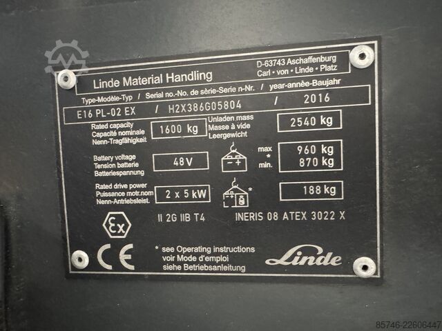 E 16 PL - 386 / 02 Evo * Atex EX * Proplan 2G / Z1 * NEW battery !! LINDE E 16 PL - 386 / 02 Evo * Atex EX * Proplan 2G / Z1 * NEW battery !!