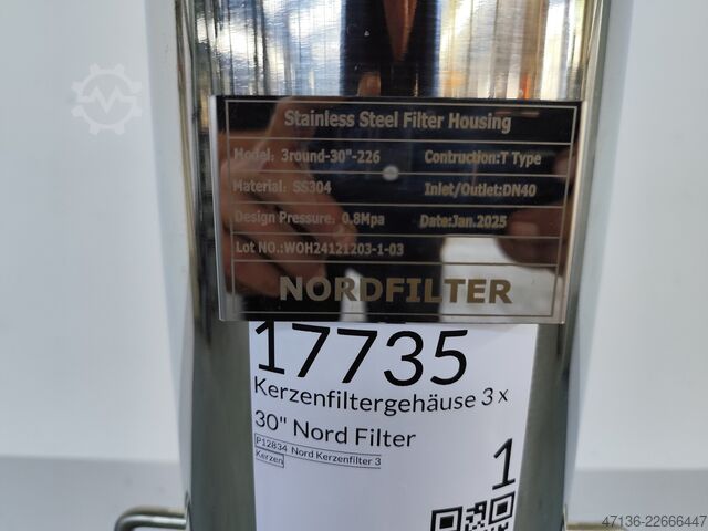 Kerzenfiltergehäuse 3 x 30" SUS304 NORDFILTER Kerzenfilter 3 Kerzen 3 hoch