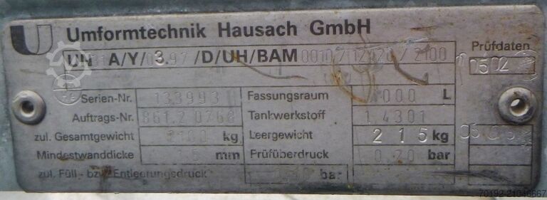 1000 Liter IBC Container aus V2A Umformtechnik Hausach (UCON) 8877