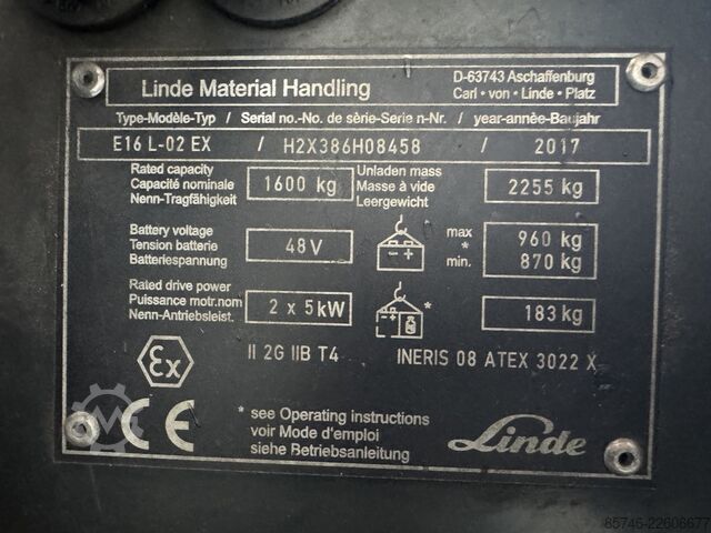 E 16 L - 386 / 02 Evo * Atex EX * Proplan 2G / Z1 * NEUE Batterie!! LINDE E 16 L - 386 / 02 Evo * Atex EX * Proplan 2G / Z1 * NEW battery !!