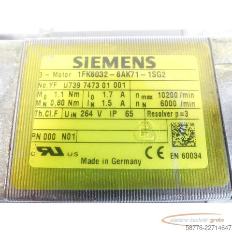 Steuerung Siemens 1FK6032-6AK71-1SG2 Servomotor SN: YFU739747301001