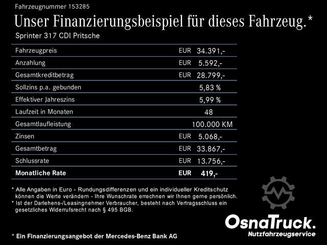 Pritschenwagen MERCEDES-BENZ Sprinter 317 CDI Pritsche Automatik,KlimaAHK2,8t