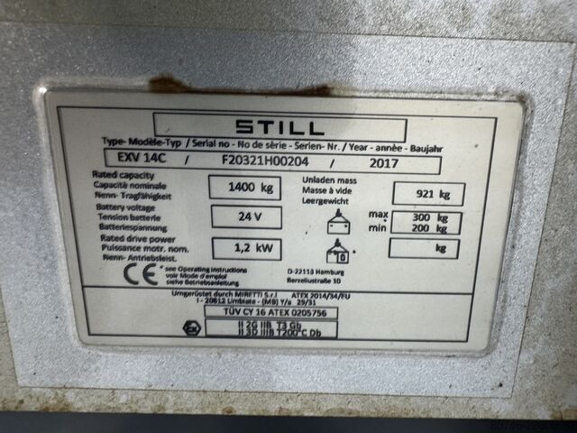 EXV 14 C * DEMO * Atex EX * Miretti 2G / Z1 & 3D / Z22 * NEUE Batterie !! STILL EXV 14 C * DEMO * Atex EX * Miretti 2G / Z1 & 3D / Z22 * NEW battery !!