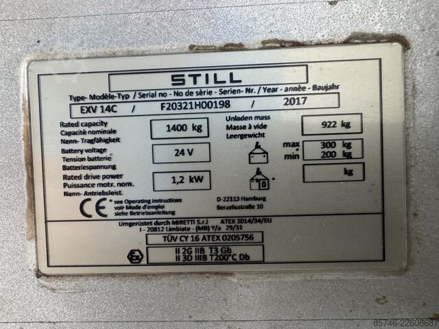 EXV 14 C * DEMO * Atex EX * Miretti 2G / Z1 & 3D / Z22 * NEUE Batterie !! STILL EXV 14 C * DEMO * Atex EX * Miretti 2G / Z1 & 3D / Z22 * NEW battery !!