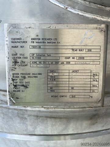 11,600 Litre Stainless Steel Storage Tank, 2100mm Dia x 2650mm Straight Side FIB Industriele Bedrijuen 11,600 Litre