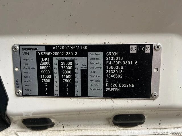 Chassis with cab Scania R520 V8 NGS 6X2/ FULL AIR/ CHASSIS / PTO-EG661F