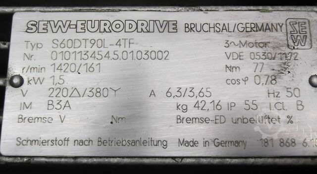 Gear motor 1.5 kW 161 rpm SEW-EURODRIVE S60DT90L-4TF