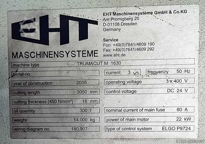 Plate Shear Trumpf/EHT TrumaCut 1630 M