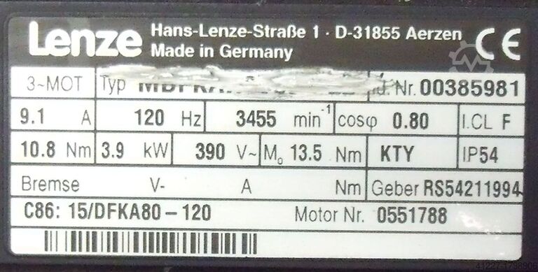 Servo motor 3.9 kW 3455 rpm Lenze** MDF
