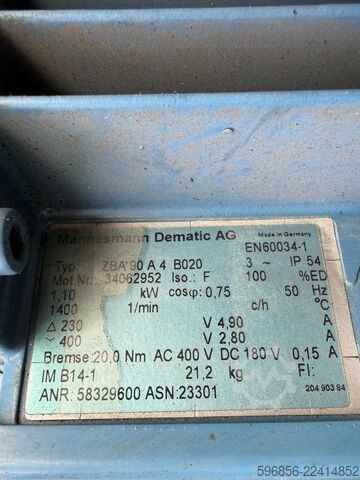 Mannesmann Demag gear motor AF06-L-M-0-145-1 ZBA90 A4 B020 1.1 kW 23 rpm i=60.1 400 V Motoreduktor Mannesmann Demag AF06-L-M-0-145-1 ZBA90 A4 B020 1,1 kW 23 obr./min i=60,1 400 V Motoreduktor Mannesmann Demag AF06-L-M-0-145-1 ZBA90 A4 B020 1,1 kW 23 obr./min i=60,1 400 V