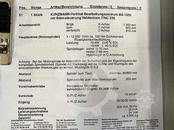 Vertical machining center KUNZMANN BA 1350