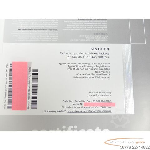 Komponente Siemens certificate 6AU1820-0AA44-0AB0 for D445/D445-1/D445-2/D455-2 ung.