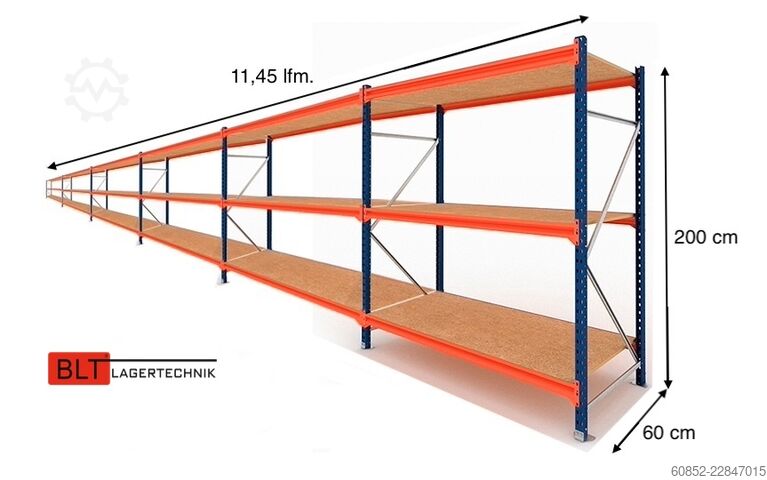 Weitspannregal ca. 11,46 lfm. Weitspannregale H: 200 cm T: 60 cm , 400 kg Fachlast , 3 Ebenen