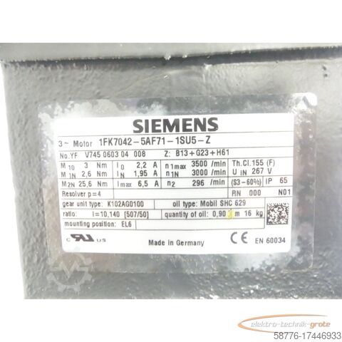 Siemens motor Siemens 1FK7042-5AF71-1SU5-Z Servomotor SN: YFV745060304008
