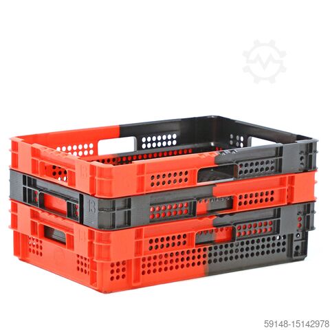 Used Stackable, nestable bins walls + floor perforated, L: 600, W: 400, H: 140 (mm). Kruizinga 98-6466GB-PAL