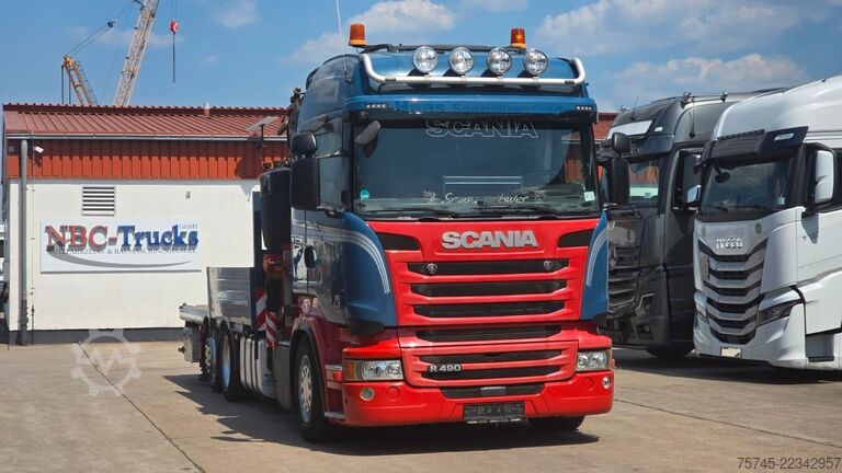 Flatbed truck SCANIA R 490 * RETARDER * FASSI 14 M * LENK/LIFTACHSE *