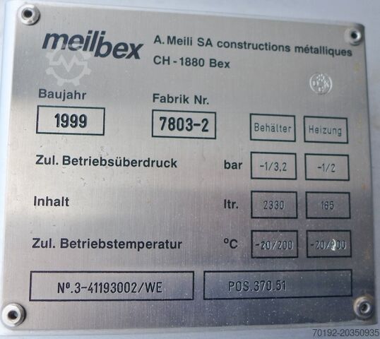 2330 liter heatable/coolable pressure tank made of V4A meilibex A.Meili SA 8768