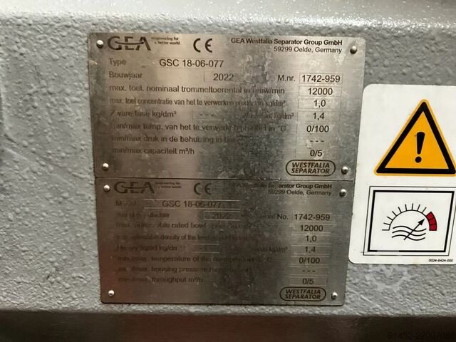 2022 GEA GSC 18-06-077 Beer Centrifuge GEA GSC 18-06-077 Beer Centrifuge /