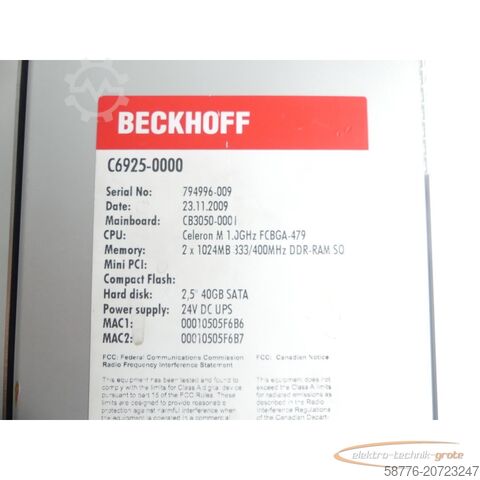 Component Beckhoff C6925-000 Power Supply SN: 794996-009