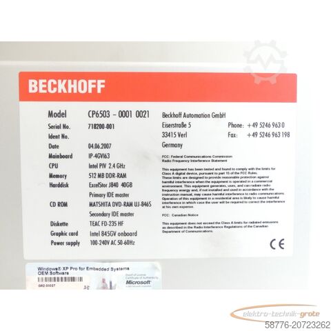 Component Beckhoff CP6503 Einbau-Panel-PC 19" SN:718200-001