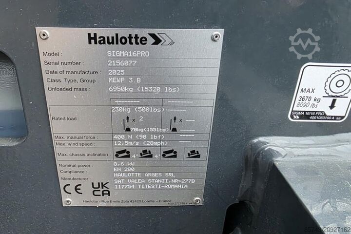 Gelenkteleskoparbeitsbühne Haulotte SIGMA 16PRO NEW / UNUSED, Valid Inspection, *Guara