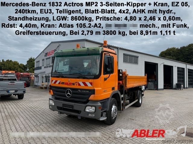 Dreiseitenkipper LKW MERCEDES-BENZ 1832 Actros 3-S.-Kipper Kran Funk Greiferst. AHK