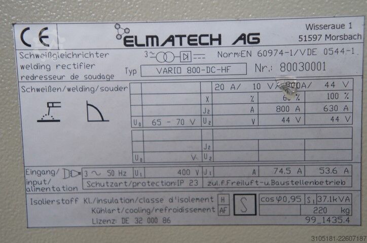 Welding machine power supply Elmatech Varion 800-DC-HF
