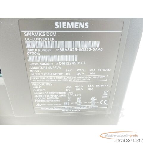 Component Siemens Simens 6RA8025-6GS22-0AA0 SINAMICS DCM DC-Converter  SN: Q6H22450101