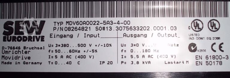 Frequency converter 2.2 kW 3.8 kVA SEW-EURODRIVE MDV60A0022-5A3-4-00