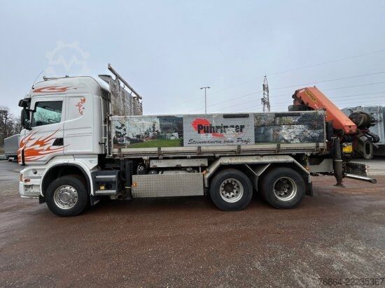 Tipper truck SCANIA R560CB 6X4 ZWEISEITENKIPPER MEILLER,  PALFINGER KRAN PK34002-SH, E5