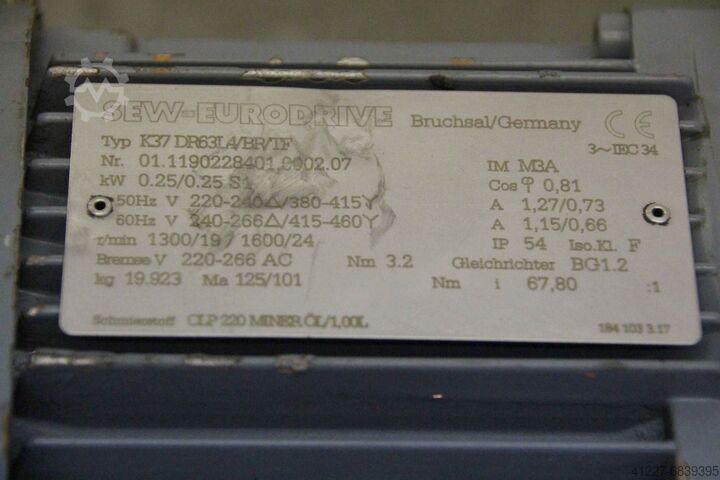 Gear motor 0.25 kW 19 rpm SEW-Eurodrive K37 DR63L4/BR/TF