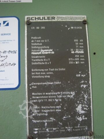 Eccentric Press - Single Column Schuler CR 80-345
