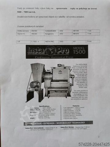Extruderpresse für Soja, Leistung 1.200 kg/h Instapro Pressing line for soybean